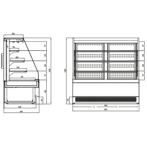 Витрина кондитерская CHILZ Vete kub OFT 130 белый глянец/шлифовальная нержавейка